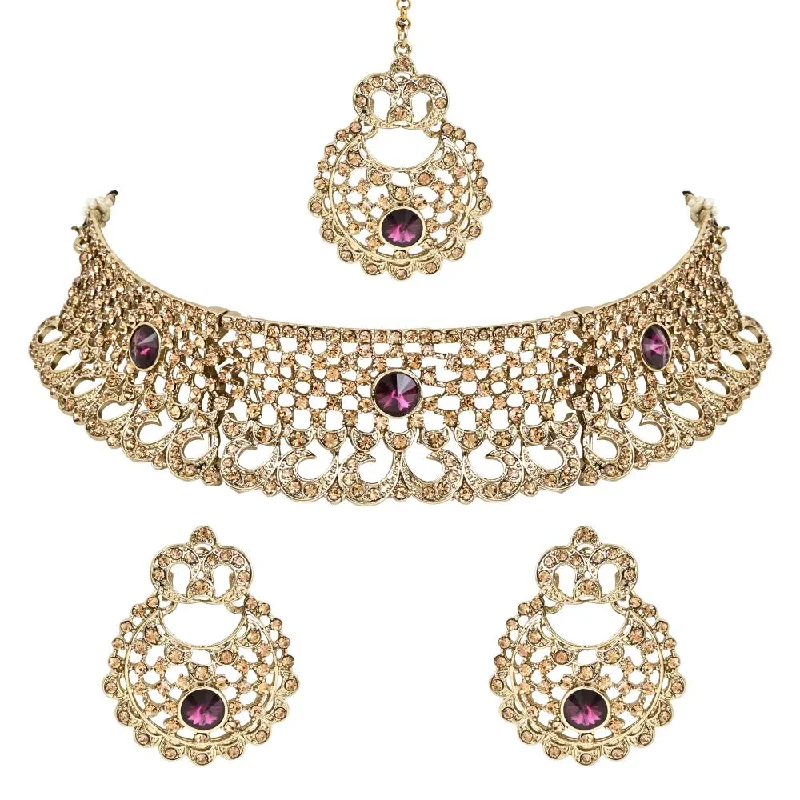 wedding necklaces for women -Etnico Gold Plated Traditional Design Stone Work Choker Necklace Jewellery Set With Chandbali Earring & Maang Tikka For Women/Girls (M4171FLWi)