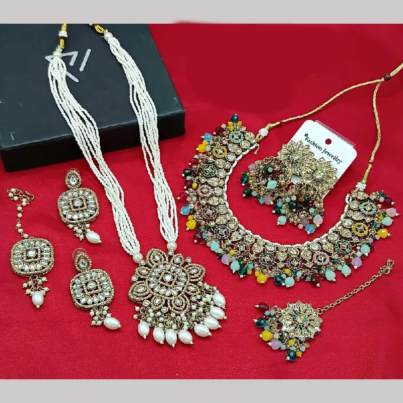 birthstone necklaces for women -Lucentarts Jewellery Gold Plated Kundan And Crystal Stone Beads Double Necklace Set