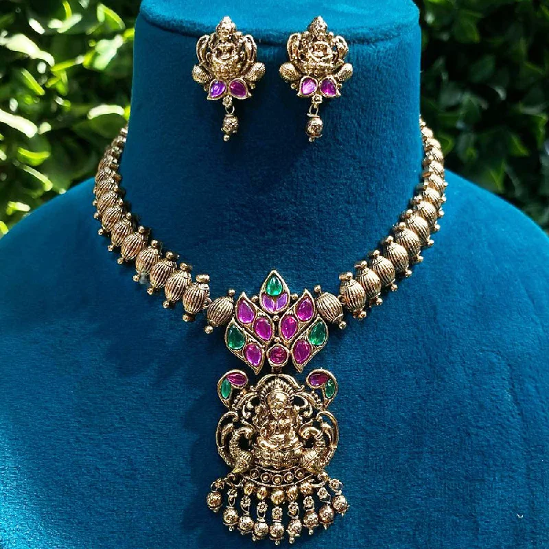 best-selling necklaces for women -Royal Kundan Jewellery Gold Plated Pota Stone Temple Necklace Set