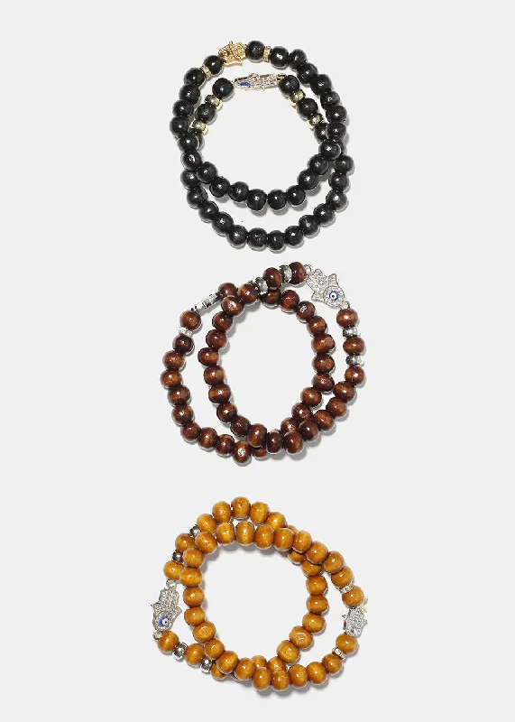 sun and moon bracelets for women -Hamsa Hand Wooden Bead Bracelet