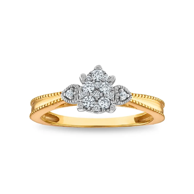 halo engagement rings for women -1/5 CTW Diamond Cluster Engagement Pear Shaped Ring in 10KT Yellow Gold