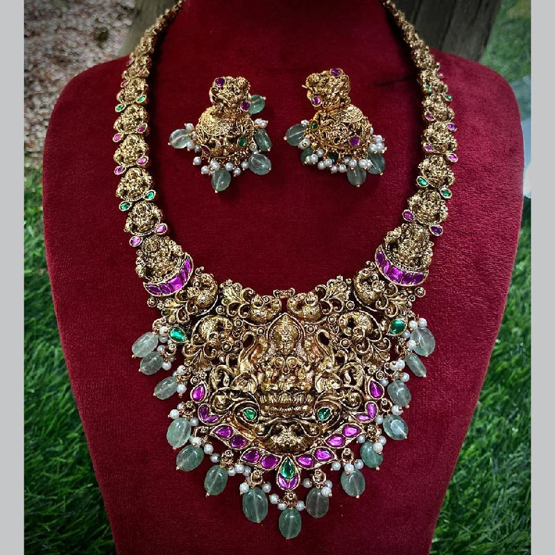 dainty necklaces for women -Royal Kundan Jewellery Gold Plated Pota Stone And Temple Long Necklace Set