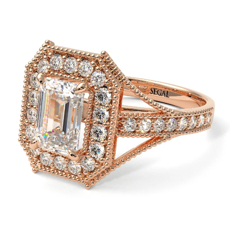 vintage-inspired engagement rings for women -Emerald Cut Diamond Milgrain Halo Engagement Ring - Xanthe No. 2