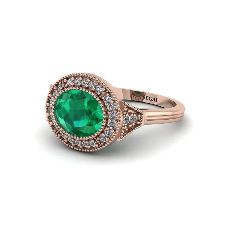 aesthetic engagement rings for women -Oval Cut Emerald Milgrain Halo Engagement Ring - Alexandria No. 5