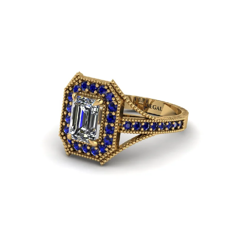 dainty engagement rings for women -Emerald Cut Sapphire Milgrain Halo Engagement Ring - Xanthe No. 61