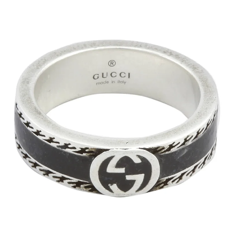 Women's rings glowing-citrine-STSLVR GUCCI BLACK ENAMEL INTERLOCKING G RING