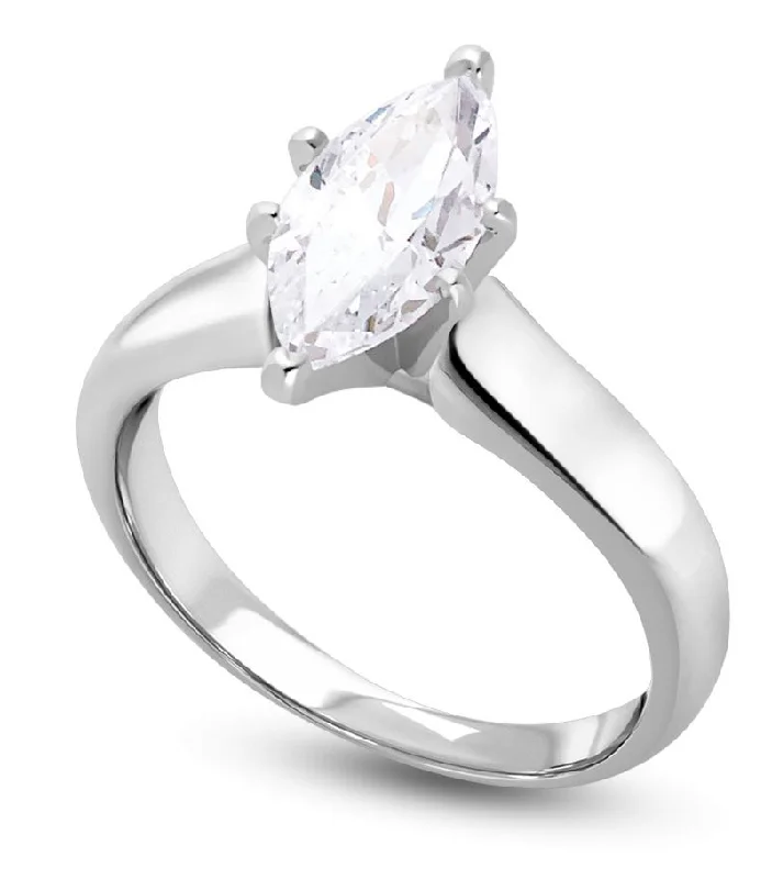 gold engagement rings for women -Signature Certificate 1 CTW Marquise Diamond Solitaire Engagement Ring in 14KT White Gold