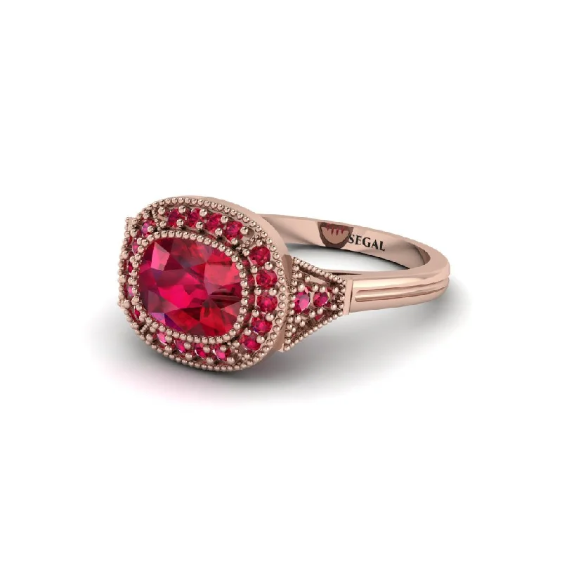 vintage engagement rings for women -Cushion Cut Ruby Milgrain Halo Engagement Ring - Blake No. 56