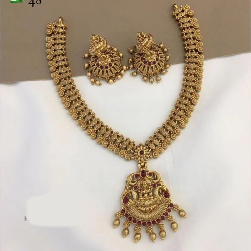 casual wear necklaces for women -FS Collections Gold Plated Pota Stone And Temple Necklace Set