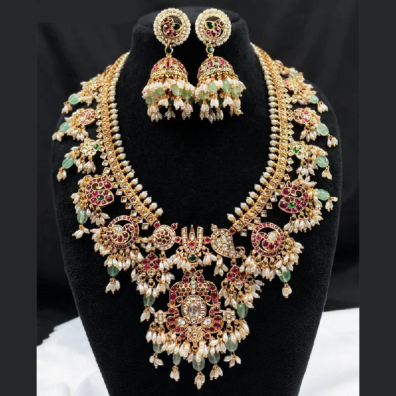 celebrity style necklaces for women -Royal Kundan Jewellery Gold Plated Pota Stone And Pearls Temple Necklace Set