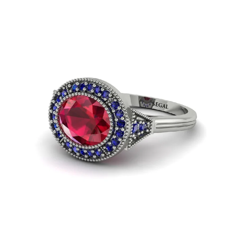 filigree engagement rings for women -Oval Cut Ruby Milgrain Halo Engagement Ring - Alexandria No. 72