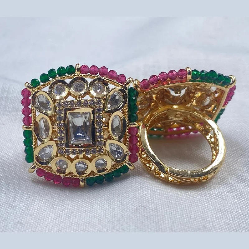 Women's rings whimsical-edge-Royal Kundan Jewellery Gold Plated Polki Kundan And Beads Finger Ring