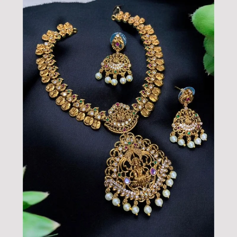 rose quartz necklaces for women -Sona Creation Gold Plated Pota Stone And Pearls Temple Necklace Set