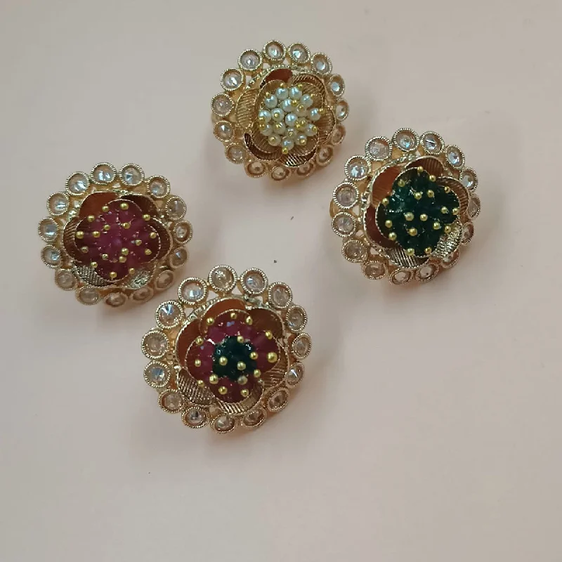 Women's rings sparkling-garnet-Padmawati Bangles Gold Plated Crystal Stone And Pearls Adjustable Ring