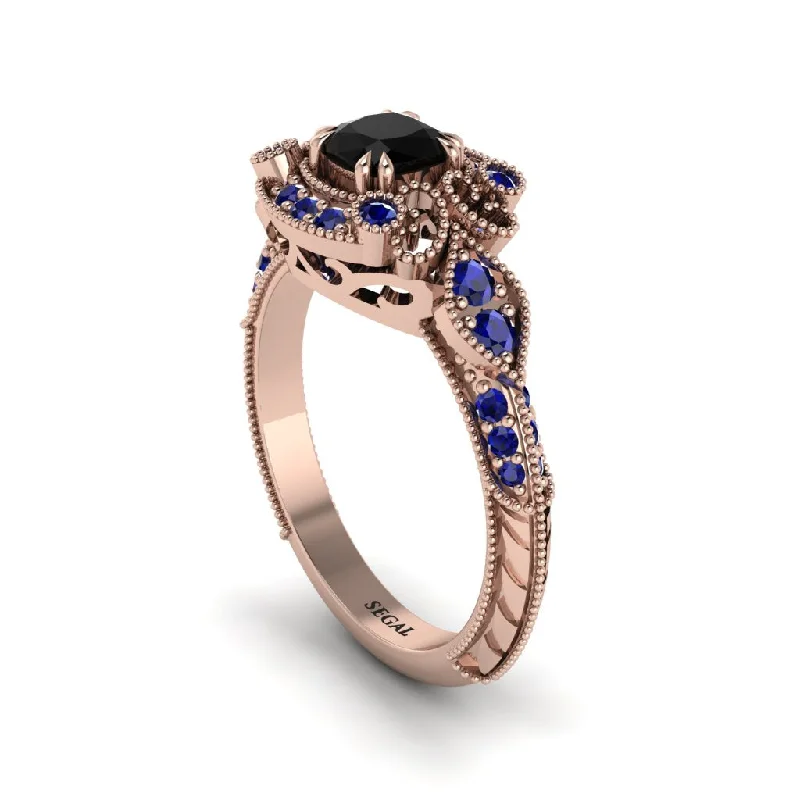 celestial moon engagement rings for women -Black Diamond Vintage Filigree Cushion Cut Engagement Ring - Elaina No. 68