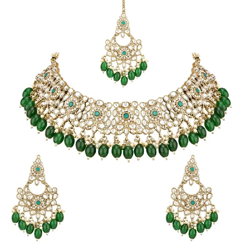 gothic style necklaces for women -Etnico Gold Plated Traditional Kundan Pearl Drop Bridal Choker Necklace With Chandbali Earrings & Maang Tikka Jewellery Set For Women/Girls (K7256G)