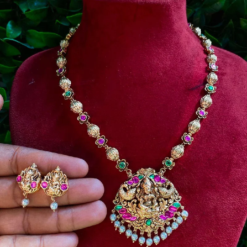 elegant pearl necklaces for women -Royal Kundan Jewellery Gold Plated Pota Stone Temple Necklace Set