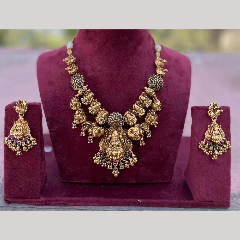 delicate gold necklaces for women -FS Collection Gold Plated Pota Stone Temple And Pearls Necklace Set