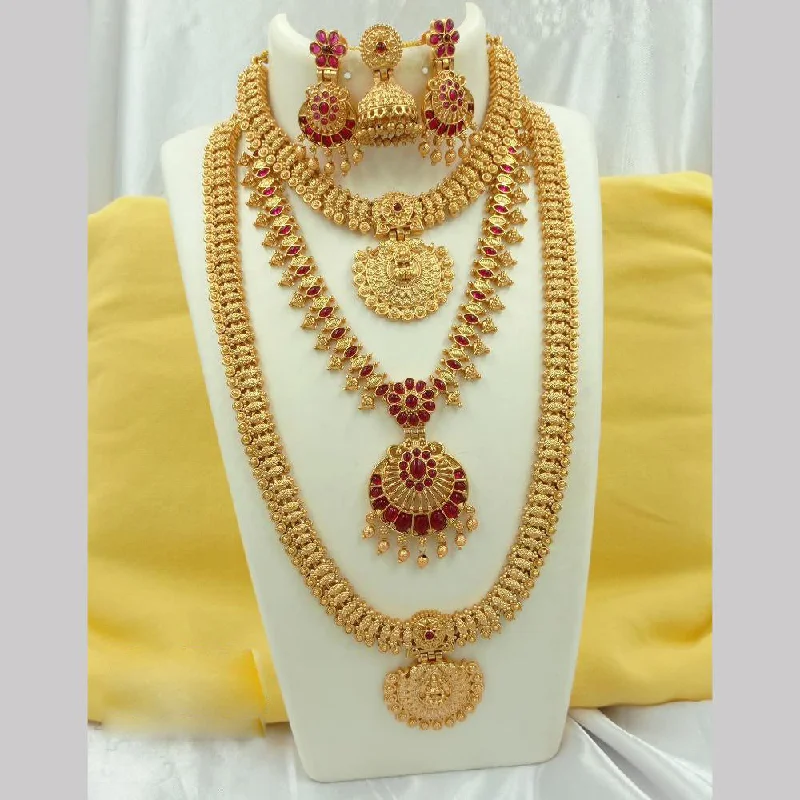 statement necklaces for women -Joyful Jewel Art Matte Gold Plated Pota Stone Temple Long Necklace Combo