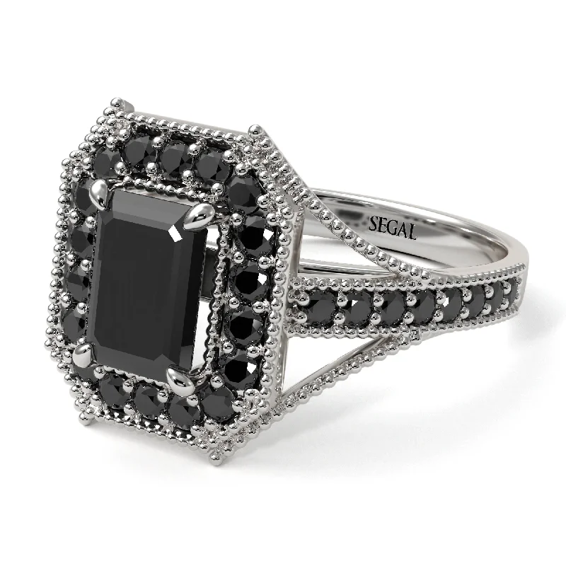 black diamond engagement rings for women -Emerald Cut Black Diamond Milgrain Halo Engagement Ring - Xanthe No. 39