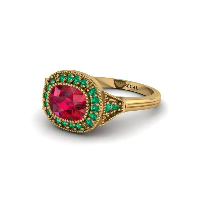 budget-friendly yet elegant engagement rings -Cushion Cut Ruby Milgrain Halo Engagement Ring - Blake No. 25