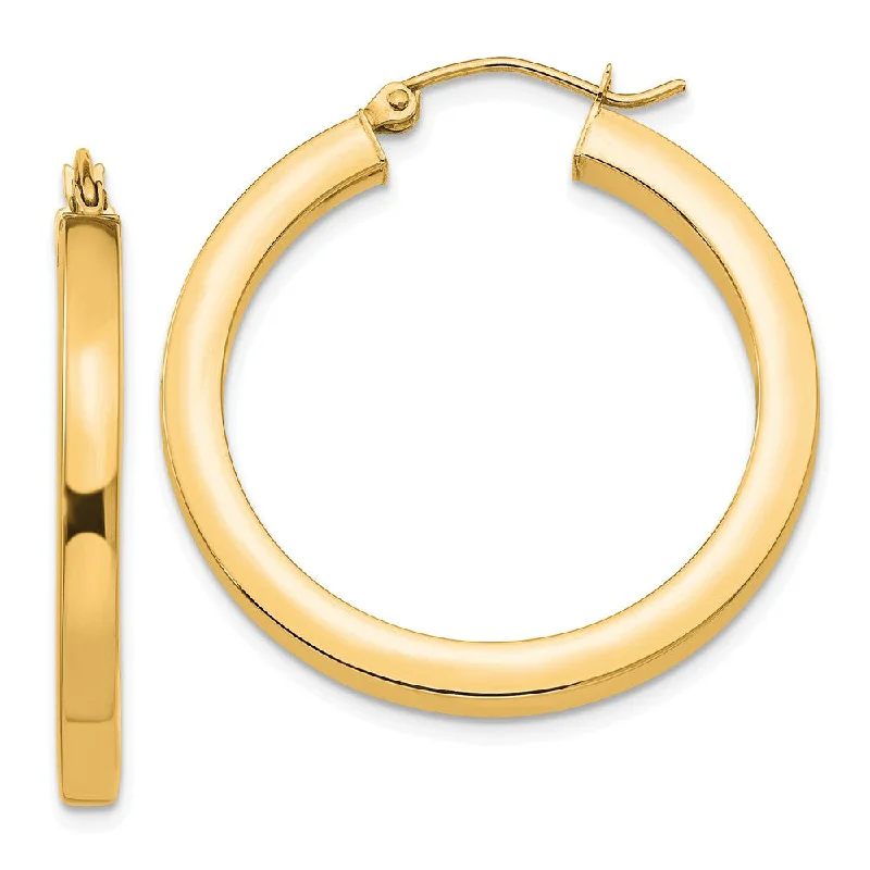 fancy earrings for women -3mm, 14k Yellow Gold Square Tube Round Hoop Earrings, 30mm (1 1/8 In)