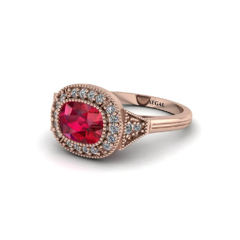 nature-inspired engagement rings -Cushion Cut Ruby Milgrain Halo Engagement Ring - Blake No. 11