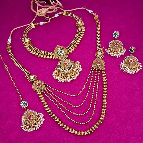 wedding necklaces for women -Darshana Jewels Stone Double Necklace Set With Maang Tikka - FAP0098