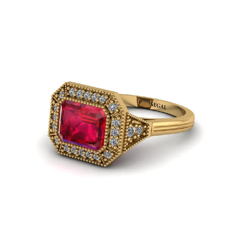 engagement rings under $1000 -Emerald Cut Ruby Milgrain Halo Engagement Ring - Juniper No. 10