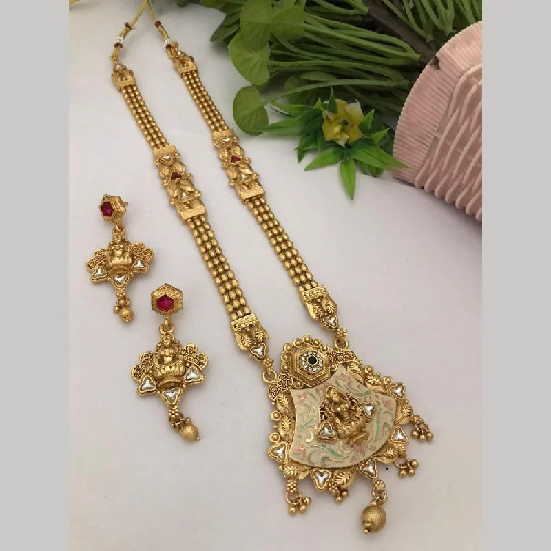 heart necklaces for women -FS Collection Gold Plated Pota Stone Meenakari Temple Long Necklace Set