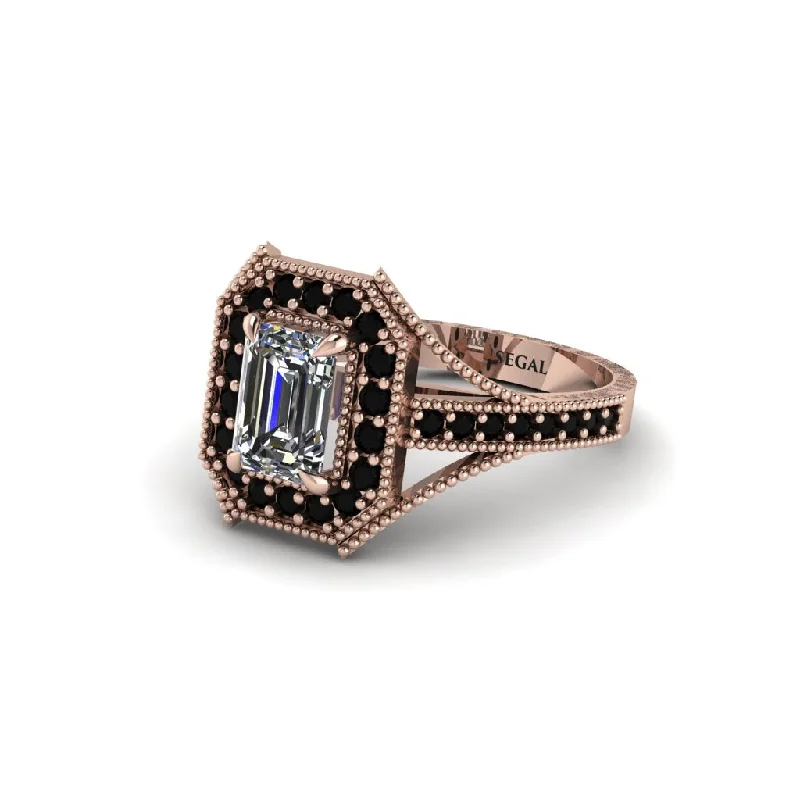 celestial moon engagement rings for women -Emerald Cut Black Diamond Milgrain Halo Engagement Ring - Xanthe No. 32