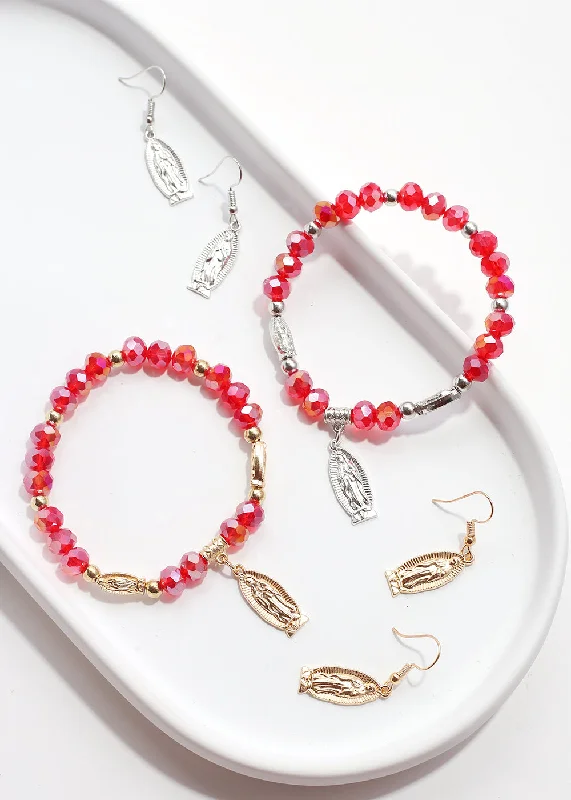 stackable bracelets for women -Red Virgin Mary Bead Bracelet & Earring Set