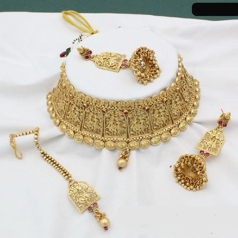 handmade gemstone necklaces for women -India Art Gold Plated Pota Stone And Beads Temple Choker Necklace Set