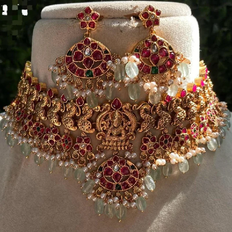 aesthetic choker necklaces for women -Shagna Gold Plated Kundan Stone Pearl And Beads Temple Choker Necklace Set