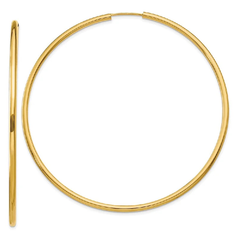 boho earrings for women -2mm x 65mm 14k Yellow Gold Polished Round Endless Hoop Earrings