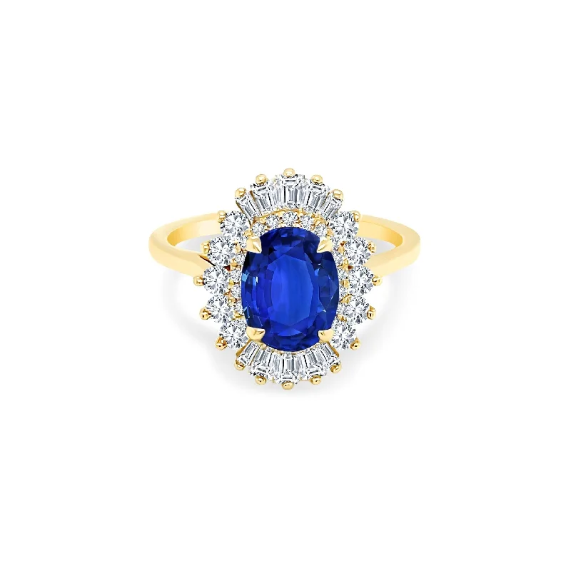 Women's rings etched-swirl-Oval Cut Sapphire with Sunburst Halo