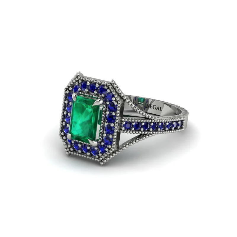 best-selling engagement rings for women -Emerald Cut Sapphire Milgrain Halo Engagement Ring - Xanthe No. 66