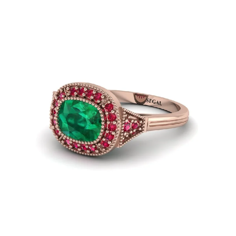 heart-shaped engagement rings for women -Cushion Cut Emerald Milgrain Halo Engagement Ring - Blake No. 50