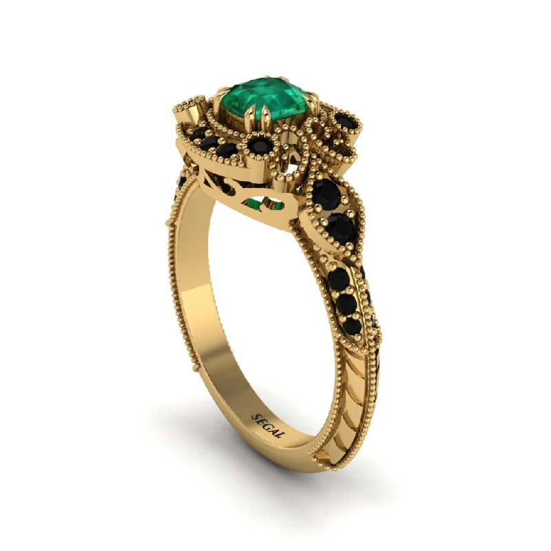 three-stone engagement rings for women -Emerald Vintage Filigree Cushion Cut Engagement Ring - Elaina No. 34