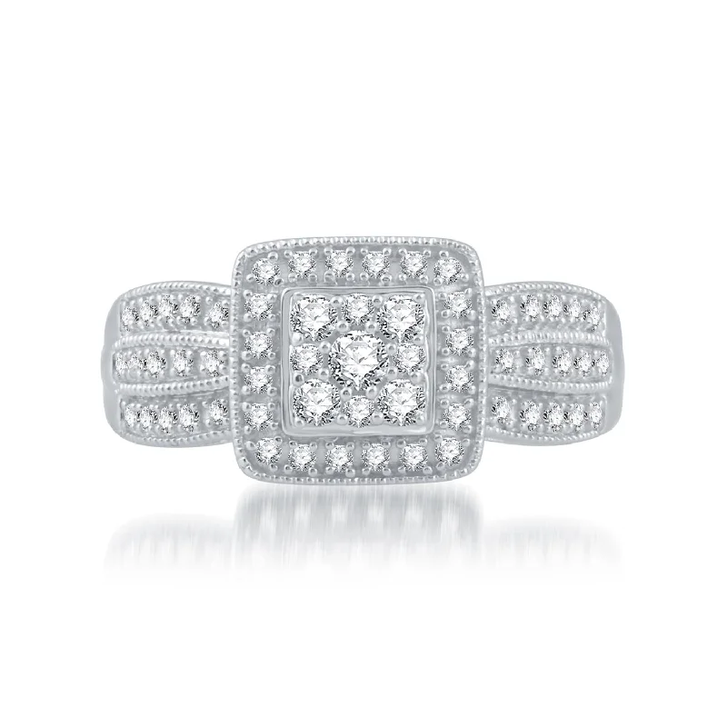 aesthetic engagement rings for women -1/2 CTW Diamond Halo Cluster Engagement Ring in 10KT White Gold