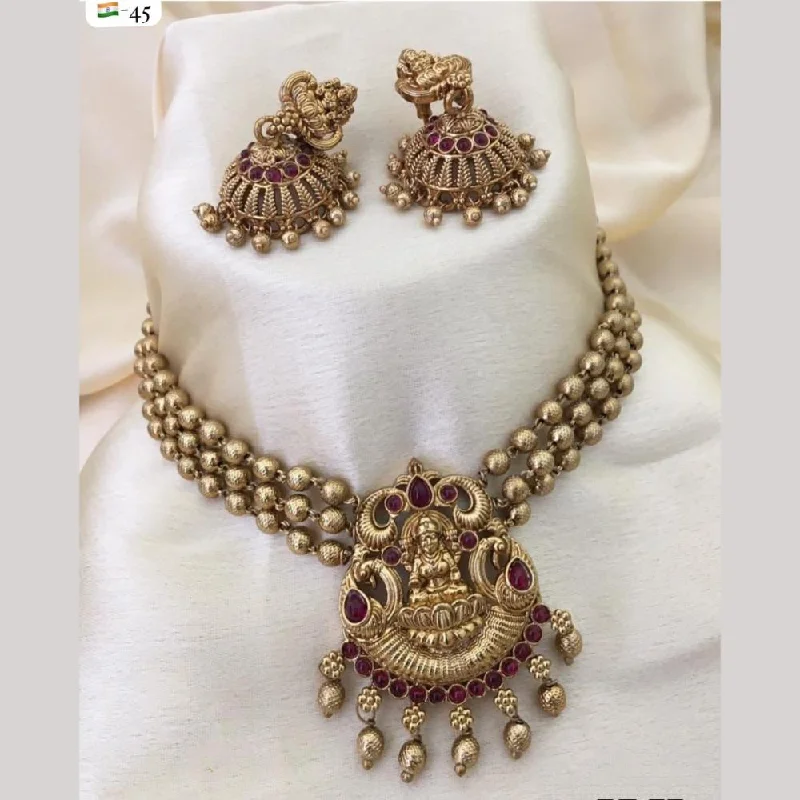 adjustable necklaces for women -FS Collection Gold Plated Pota Stone Temple And Pearls Choker Necklace Set