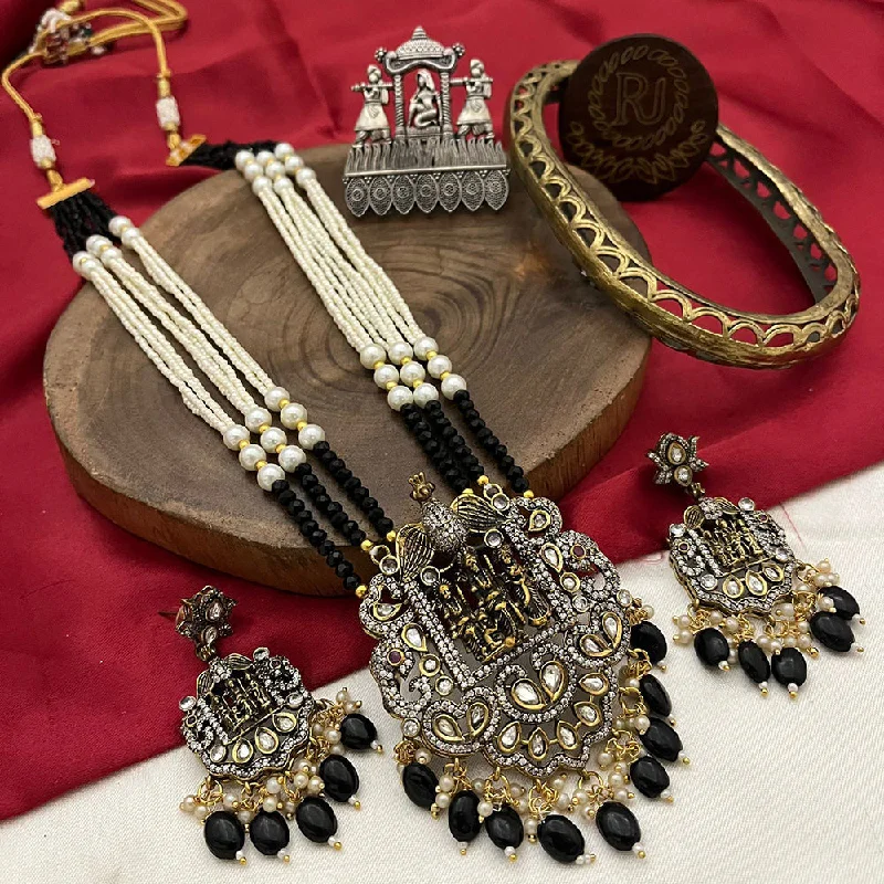 gothic style necklaces for women -FS Collection Gold Plated Polki Kundan Stone Temple Long Necklace Set