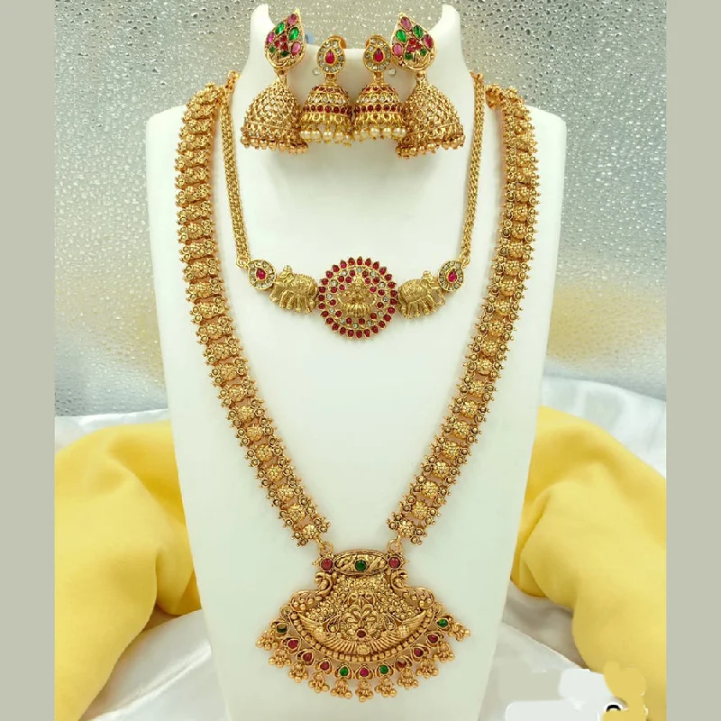 handmade birthstone necklaces for women -Joyful Jewel Art Matte Gold Plated Pota Stone Temple Long Necklace Combo