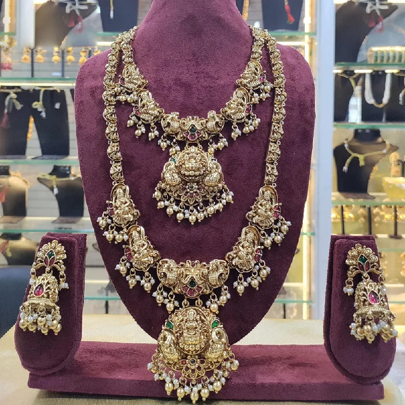 small pendant necklaces for women -Manisha Jewellery Gold Plated Pota Stone And Pearls Temple Double Necklace Set