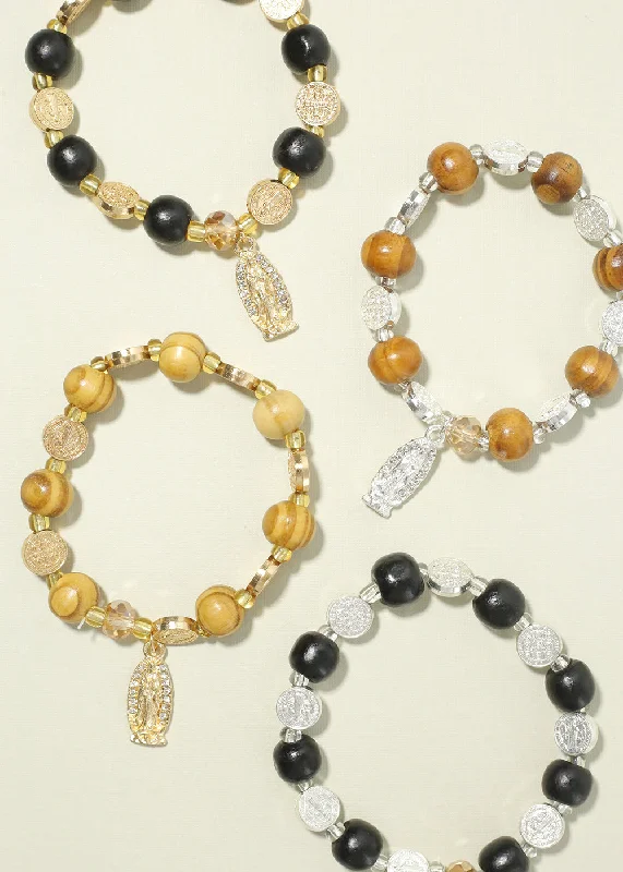 stylish name bracelets for women -Rosary Wood Bead Bracelet