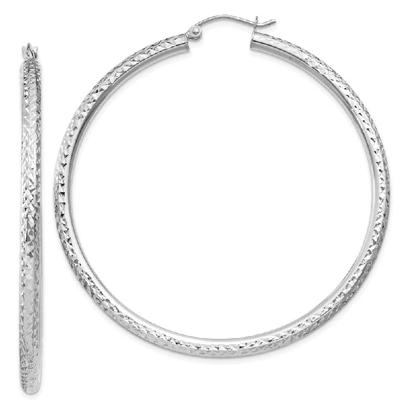 artistic earrings for women -3mm x 55mm, 14k White Gold, Diamond-cut Round Hoop Earrings