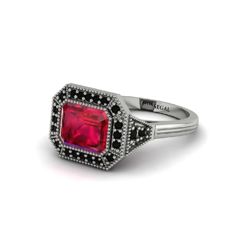 thin band engagement rings for women -Emerald Cut Ruby Milgrain Halo Engagement Ring - Juniper No. 42