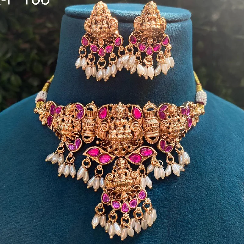 romantic heart necklaces for women -Royal Kundan Jewellery Gold Plated Pota Stone And Pearls Temple Choker Necklace Set