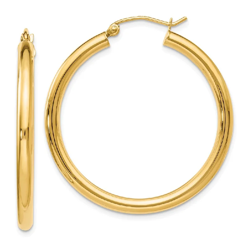 gold minimalist earrings for women -3mm Round Hoop Earrings in 14k Yellow Gold, 35mm (1 3/8 Inch)