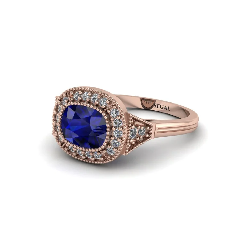 best-selling engagement rings for women -Cushion Cut Sapphire Milgrain Halo Engagement Ring - Blake No. 14